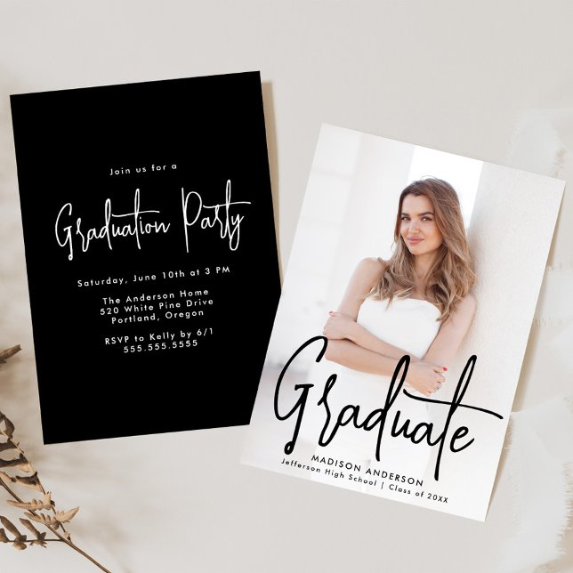 Handwritten Black Script Photo Graduation Party Invitation (Creator Uploaded)