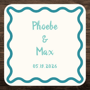 Handwritten Bold Whimsical Wavy Border Wedding Square Paper Coaster