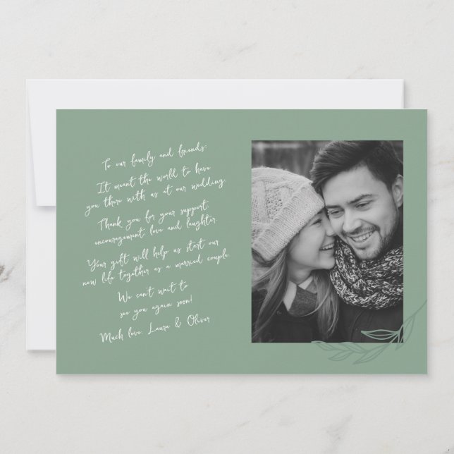 Handwritten Botanical Green Two Photo Thank You Announcement (Back)