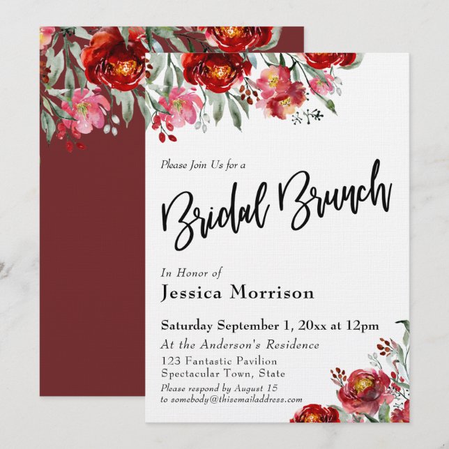 Handwritten Bridal Brunch Burgundy Red Flowers Invitation (Front/Back)