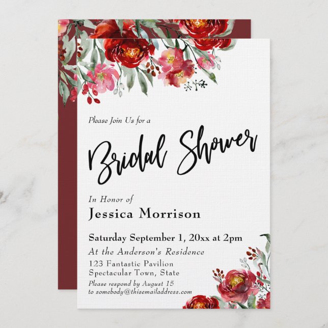 Handwritten Bridal Shower Burgundy Red Flowers Invitation (Front/Back)