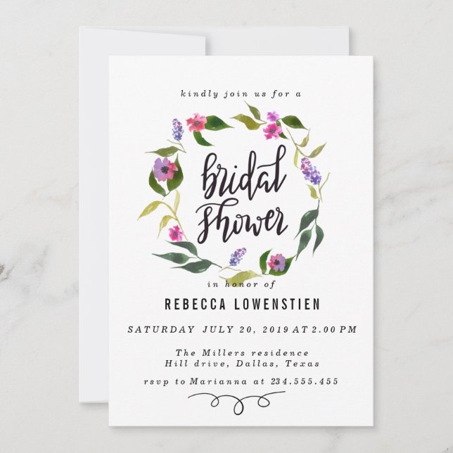 Handwritten Bridal Shower Script Floral Wreath Invitation (Front)
