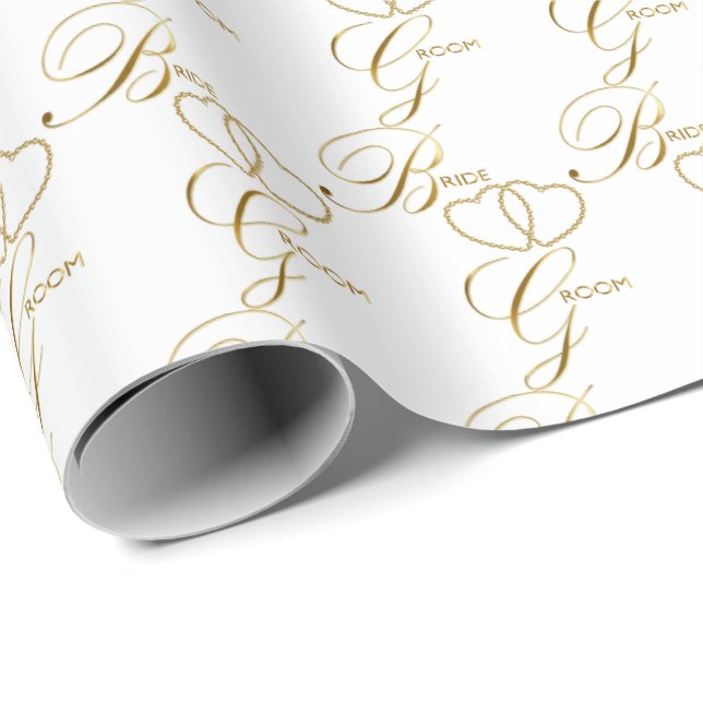 Handwritten Bride and Groom Gold Hearts Wrapping Paper (Roll Corner)