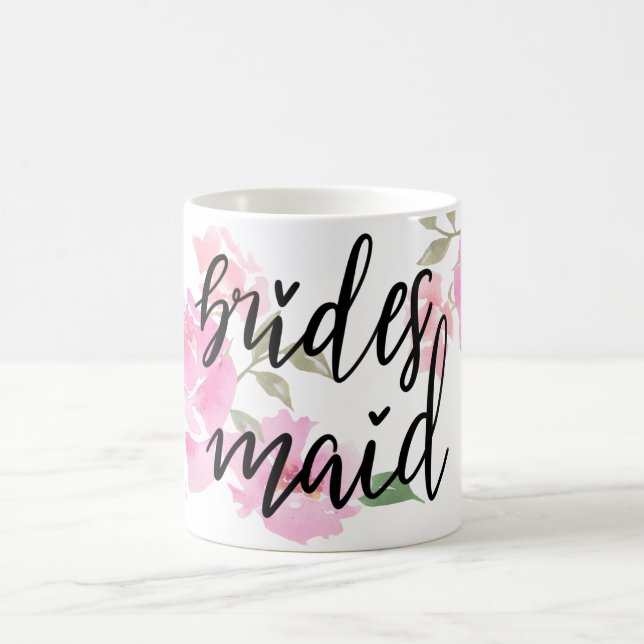 Handwritten Bridesmaid Script Pink Peonies Floral Coffee Mug (Center)