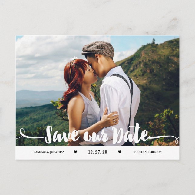 Handwritten Brush Script Photo Save the Date Announcement Postcard (Front)