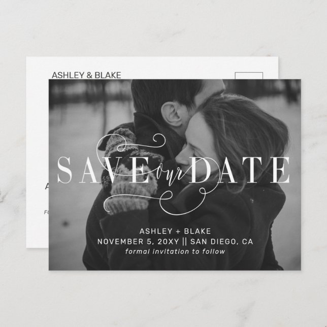 Handwritten Calligraphy Photo Save the Date Announcement Postcard (Front/Back)