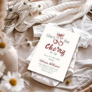 Handwritten Cherry on Top Bow Girl Baby Shower Invitation