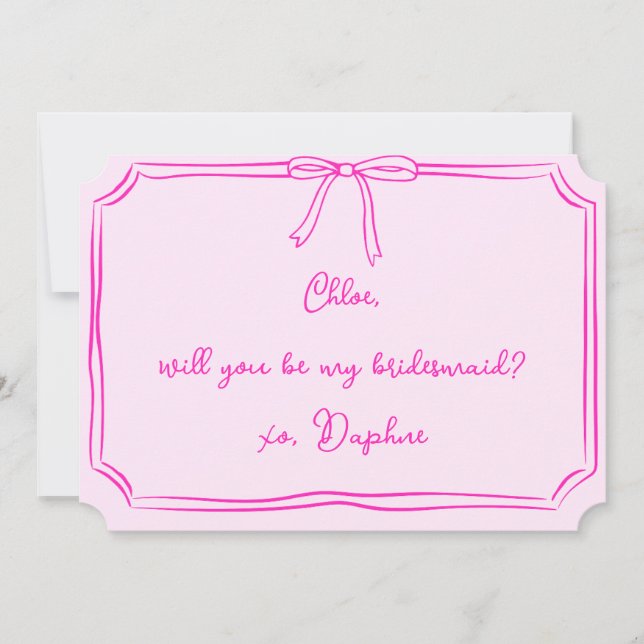 Handwritten Coquette Bow Pink Bridesmaid Proposal Invitation (Front)