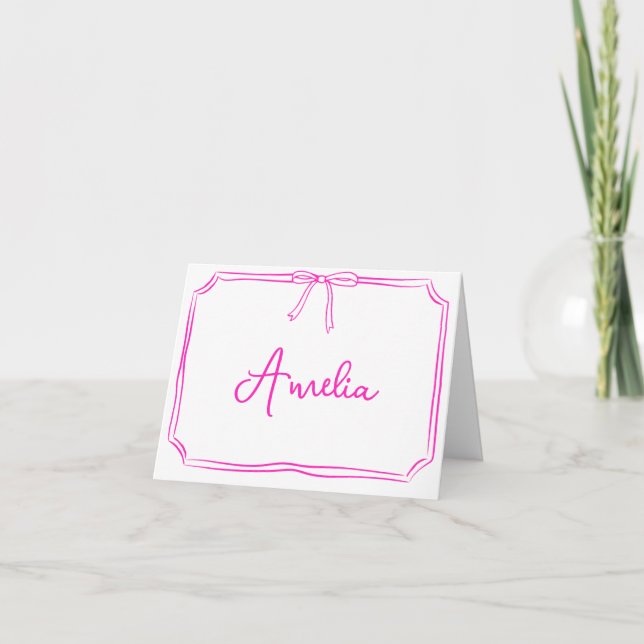 Handwritten Custom Hot Pink Bow Aesthetic Notecard (Front)