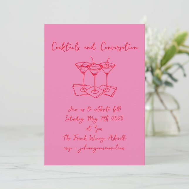 Handwritten Doodles Cocktails Conversation Pink Invitation (Standing Front)