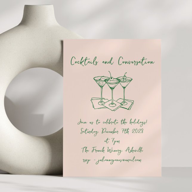 Handwritten Doodles Cocktails Holiday Blush Green Invitation (Creator Uploaded)