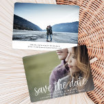 Handwritten | Double-Sided Photo Save the Date<br><div class="desc">A modern save the date card designed to accommodate your favourite horizontal or landscape orientated full-bleed engagement photo, with an additional photo on the back. "Save the date" appears as an overlay along the bottom in white handwritten style script lettering, with your names, wedding date and wedding location beneath. Add...</div>