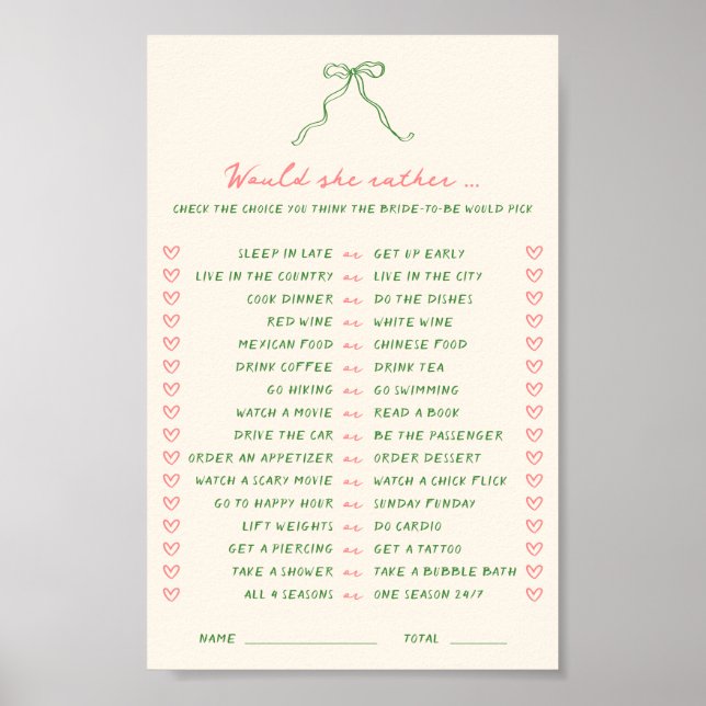 Handwritten Downloadable Would She Rather Game Poster (Front)