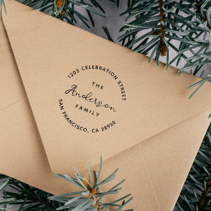 Handwritten Family Name Round Return Address Rubber Stamp