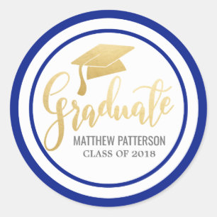 Handwritten Faux Gold Foil Graduate Hat Navy Blue Classic Round Sticker