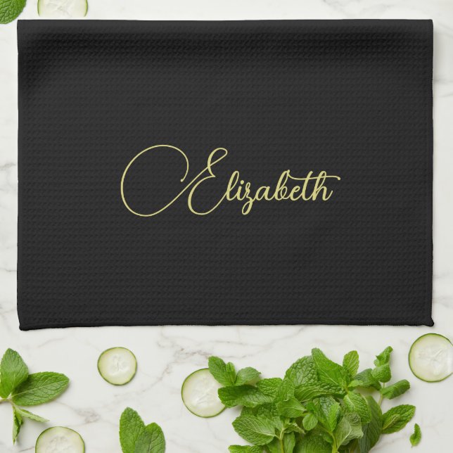 Handwritten Faux Gold Name Template Black Elegant Tea Towel (Folded)