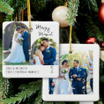 Handwritten First Christmas Married Arch Photo Ceramic Ornament<br><div class="desc">Merry & Married christmas ornament with arch shaped photos on the front and a square photo on the back. Merry & Married is lettered in handwritten typography and you can further personalised with your names, custom text such as First Christmas Married or your lastname(s) and your wedding date. More ideas...</div>