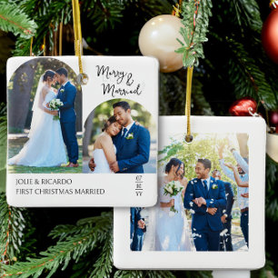 Handwritten First Christmas Married Arch Photo Ceramic Ornament