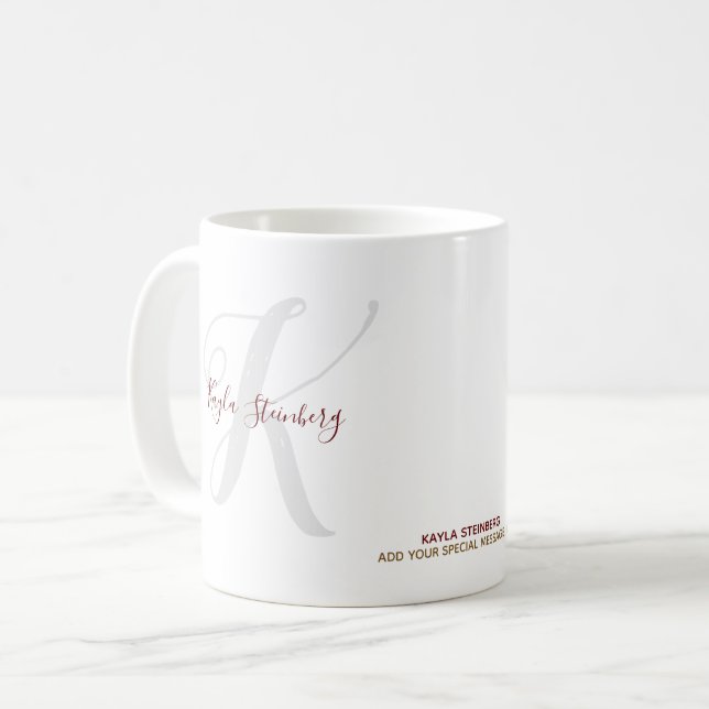Handwritten font style monogrammed white coffee mug (Front Left)