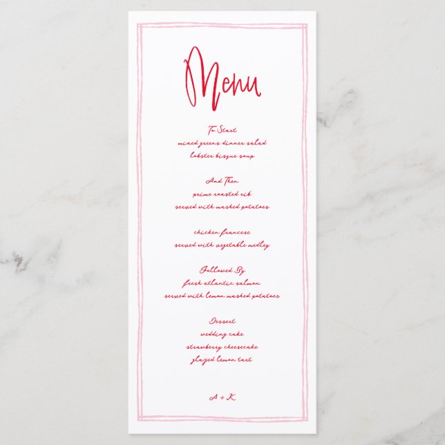 Handwritten French Pink and Red Wedding Menu (Front)