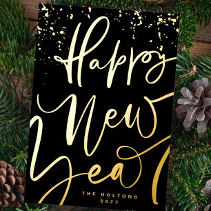 HANDWRITTEN GOLD HAPPY NEW YEAR 2023 FOIL HOLIDAY CARD