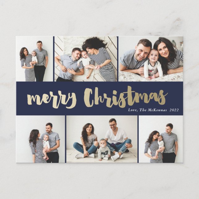 Handwritten Gold Merry Christmas Photo Collage Holiday Postcard (Front)