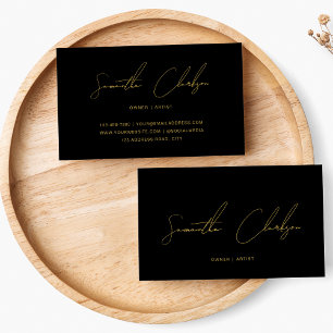 Handwritten Gold Script Minimalist Black Business Card