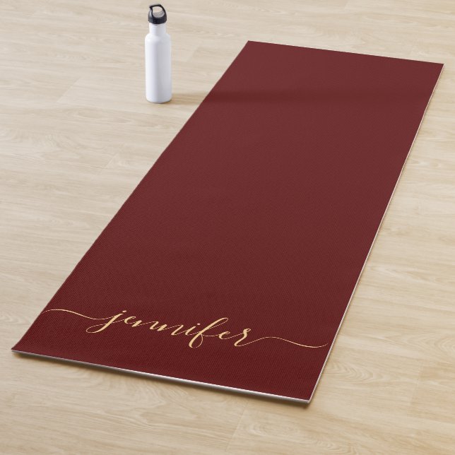 Handwritten Gold Script Personalized Name Maroon Yoga Mat (In Situ)