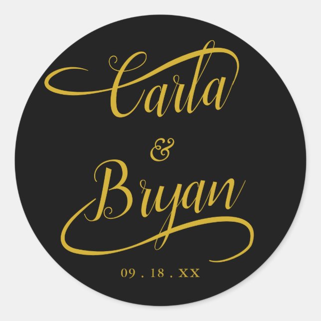 Handwritten Gold Swash Calligraphy Wedding Classic Classic Round Sticker (Front)