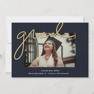 Handwritten Grad Navy and Gold Photo Graduation Announcement