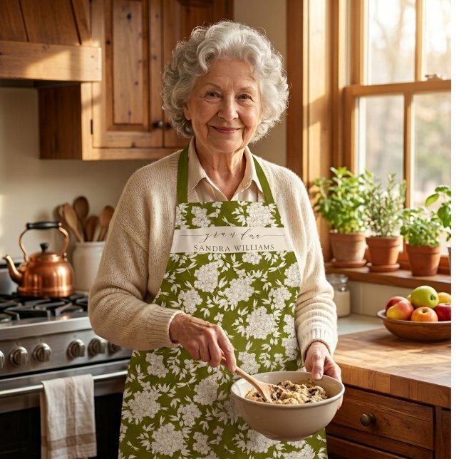 Handwritten grandma Green stylish floral pattern Apron (Creator Uploaded)
