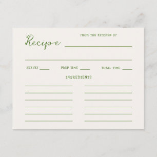 Handwritten Green Bridal Shower Recipe Enclosure Card