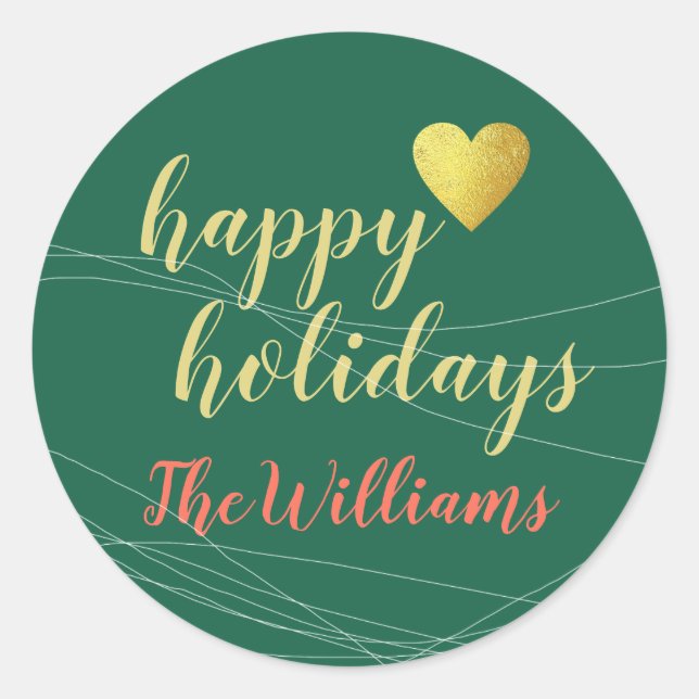 handwritten happy holidays + family name, xmas classic round sticker (Front)