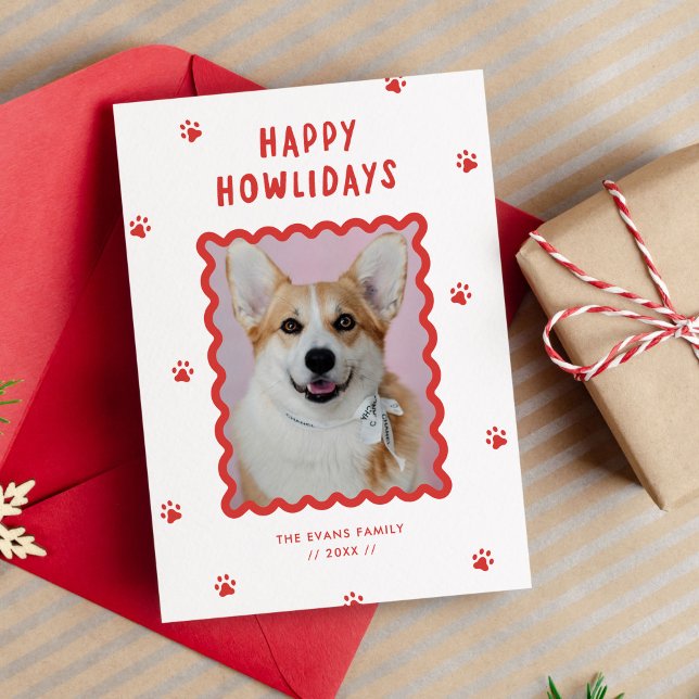 Handwritten Happy Howlidays Dog Photo Insert Holiday Card (dog photo holiday card with paw prints, squiggle frame and "happy howlidays" text.)