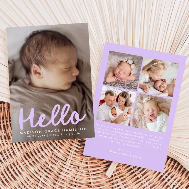 Handwritten Hello Lavender Photo Collage Birth Announcement (Creator Uploaded)