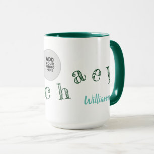 handwritten letters of your name + photo on green mug