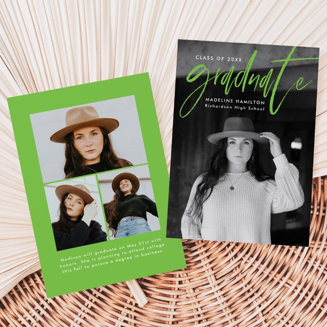 Handwritten Lime Green Script 4 Photo Graduation Announcement (Creator Uploaded)