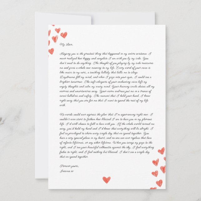 Handwritten Love Letter with Hearts Valentine  Holiday Card (Front)