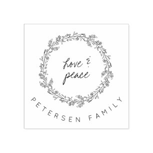 Handwritten love & peace winter wreath family name rubber stamp