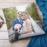 Handwritten Love Script Wedding Two Photo Cushion<br><div class="desc">Add your own wedding photos to this square throw pillow. You can change the white and black colour of the handwriting style modern calligraphy "love" text to create your own wedding keepsake. Design ideas... change the text to a colour to match your wedding bouquet, or a colour to accent your...</div>