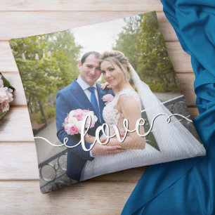 Handwritten Love Script Wedding Two Photo Cushion
