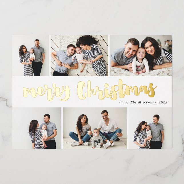 Handwritten Merry Christmas 6 Photo Gold  Foil Holiday Card (Front)