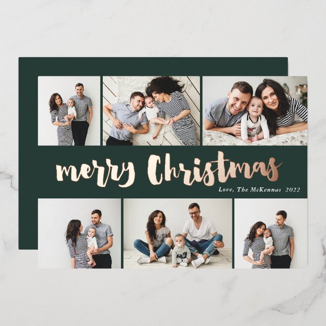 Handwritten Merry Christmas 6 Photo Rose Gold Foil Holiday Card (Front/Back)