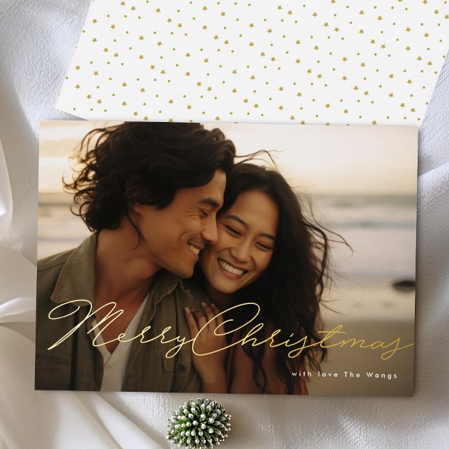 Handwritten Merry Christmas Gold Pressed Photo Foil Holiday Card (Creator Uploaded)