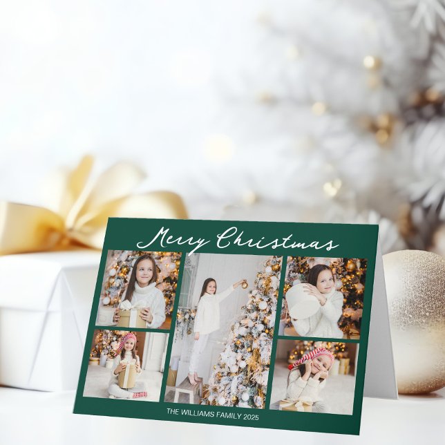 Handwritten Merry Christmas Green Photo Collage Holiday Card (Creator Uploaded)