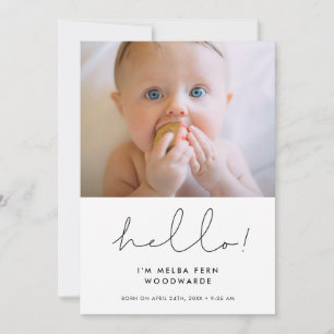 Handwritten minimalist Hello new baby photo Announcement