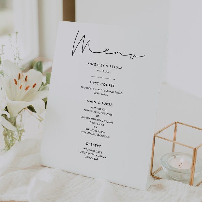 Handwritten minimalist wedding menu pedestal sign (Creator Uploaded)