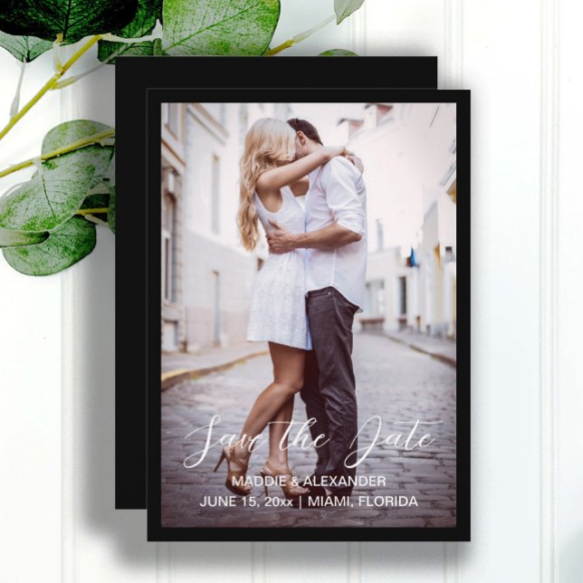 Handwritten Modern Wedding Engagement Photo Black Save The Date (Elegant black wedding save the date photo card.  )