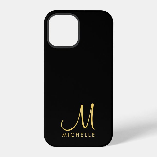 Handwritten Monogram Name Black & Gold Custom iPhone Case (Back)