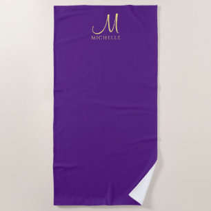 Handwritten Monogram Name Royal Purple & Gold Beach Towel